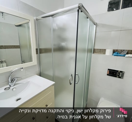 מקלחון זכוכית בחדר אמבטיה עם כיור ושירותים